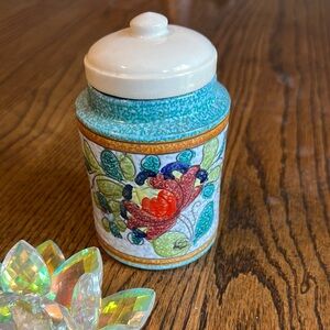 Vintage Italian Turquoise and White Floral Ceramic Jar